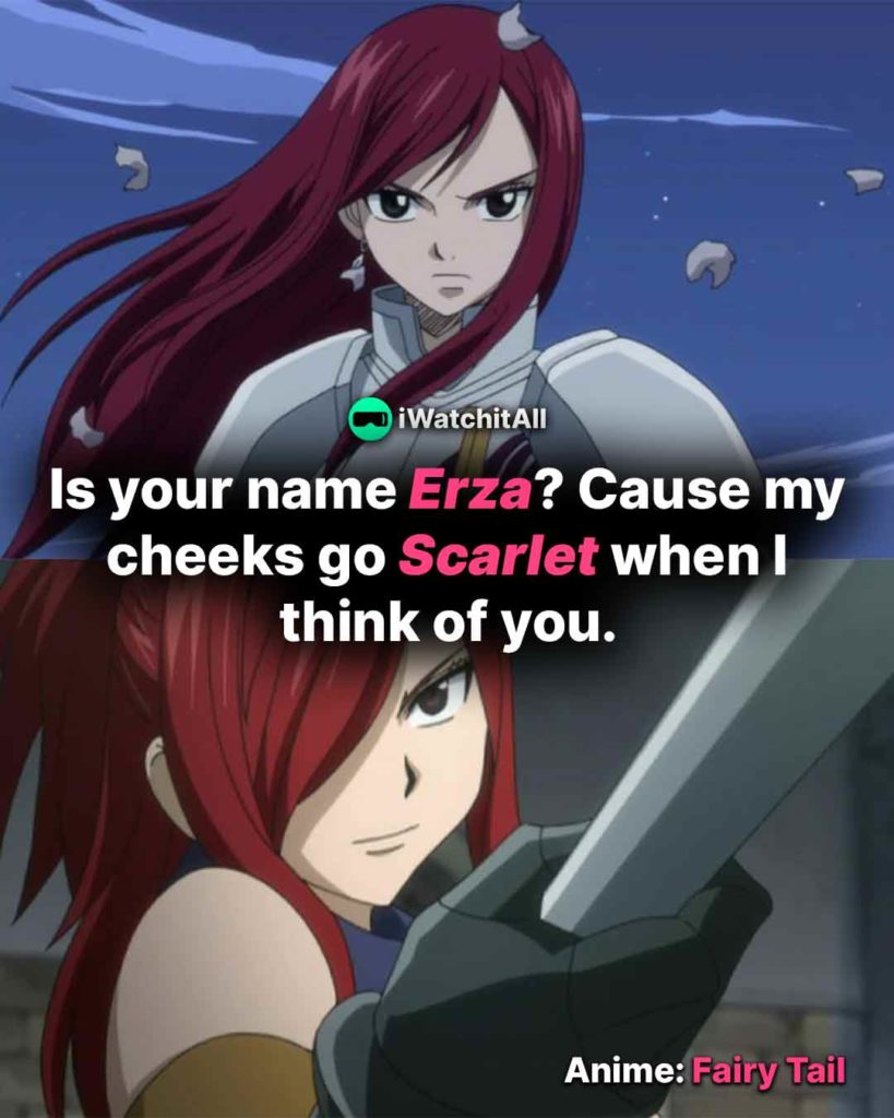 Is your name Erza Cause my cheeks go Scarlet when I think of you Erza Pickup Lines
